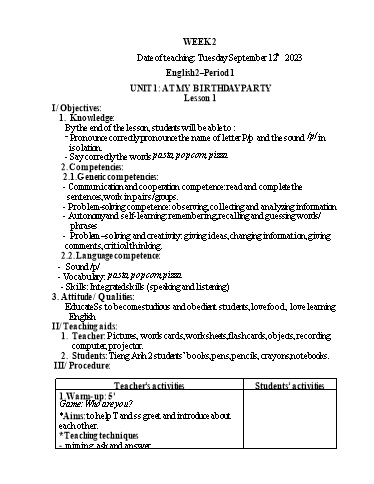 Giáo án Tiếng Anh Tiểu học - Week 2 - Năm học 2023-2024