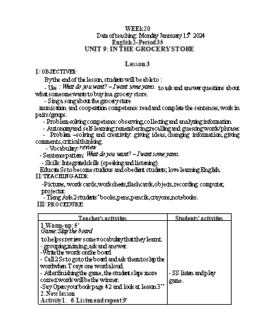 Giáo án Tiếng Anh Tiểu học - Week 20 - Năm học 2023-2024
