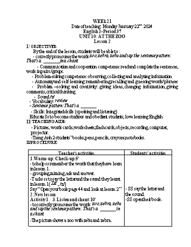 Giáo án Tiếng Anh Tiểu học - Week 21 - Năm học 2023-2024