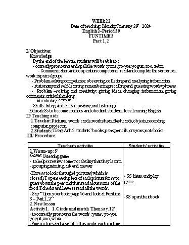 Giáo án Tiếng Anh Tiểu học - Week 22 - Năm học 2023-2024