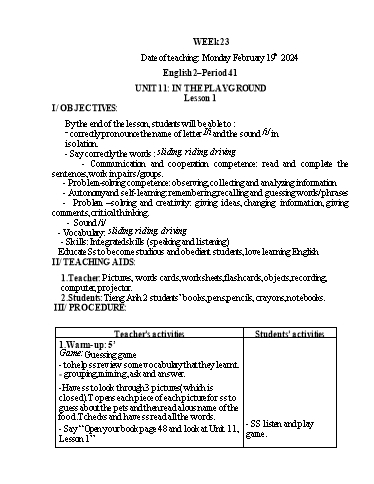 Giáo án Tiếng Anh Tiểu học - Week 23 - Năm học 2023-2024