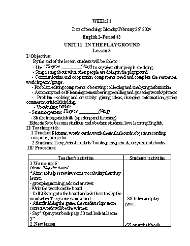 Giáo án Tiếng Anh Tiểu học - Week 24 - Năm học 2023-2024