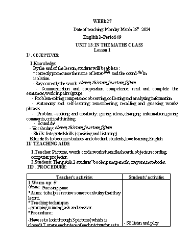 Giáo án Tiếng Anh Tiểu học - Week 27 - Năm học 2023-2024