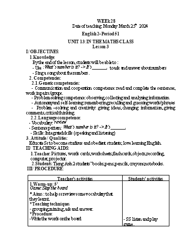 Giáo án Tiếng Anh Tiểu học - Week 28 - Năm học 2023-2024