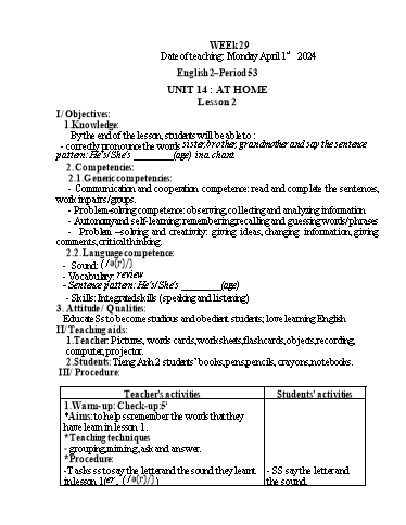 Giáo án Tiếng Anh Tiểu học - Week 29 - Năm học 2023-2024