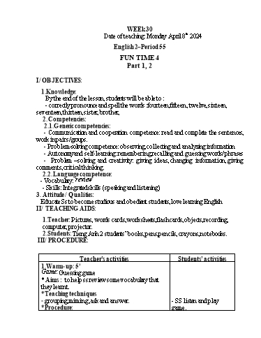 Giáo án Tiếng Anh Tiểu học - Week 30 - Năm học 2023-2024