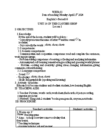 Giáo án Tiếng Anh Tiểu học - Week 31 - Năm học 2023-2024