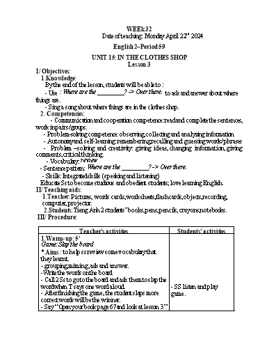 Giáo án Tiếng Anh Tiểu học - Week 32 - Năm học 2023-2024