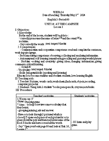 Giáo án Tiếng Anh Tiểu học - Week 34 - Năm học 2023-2024