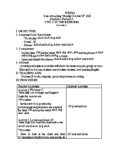 Giáo án Tiếng Anh Tiểu học - Week 9 - Năm học 2023-2024