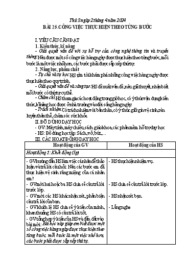 Giáo án Tin học Lớp 3 - Bài 25: Công việc thực hiện theo từng bước - Năm học 2023-2024