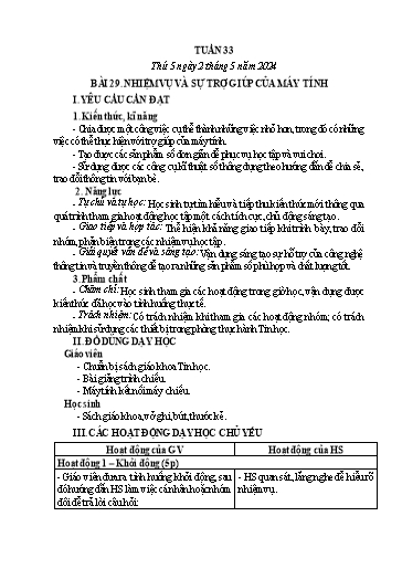Giáo án Tin học Lớp 3 (Cánh diều) - Tuần 33, Bà 29: Nhiệm vụ và sự trợ giúp của máy tính - Năm học 2023-2024