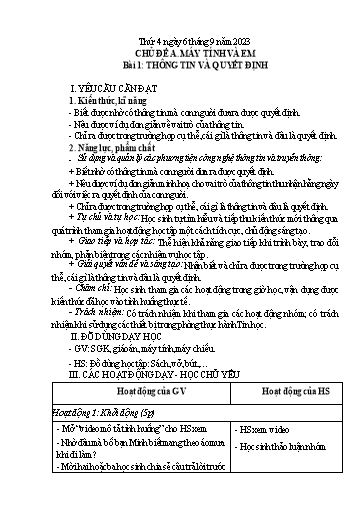 Giáo án Tin học Lớp 3 (Kết nối tri thức) - Tuần 1, Bài 1: Thông tin và quyết định - Năm học 2023-2024