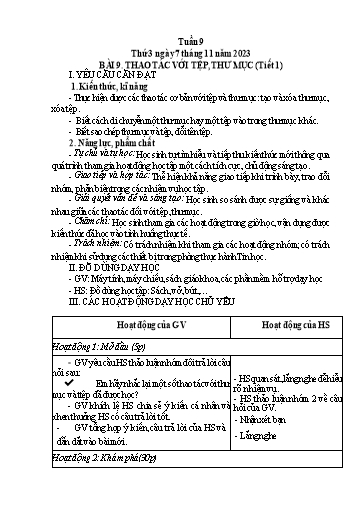 Giáo án Tin học Lớp 3 (Kết nối tri thức) - Tuần 9, Bài 9: Thao tác với tệp, thư mục (Tiết 1) - Năm học 2023-2024