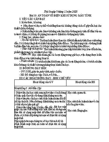 Giáo án Tin học Lớp 3 - Tuần 10, Bài 10: An toàn về điện khi sử dụng máy tính - Năm học 2023-2024