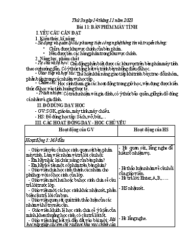 Giáo án Tin học Lớp 3 - Tuần 11, Bài 11: Bàn phím máy tính - Năm học 2023-2024