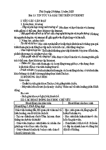 Giáo án Tin học Lớp 3 - Tuần 14, Bài 13: Tin tức và giải trí trên Internet - Năm học 2023-2024
