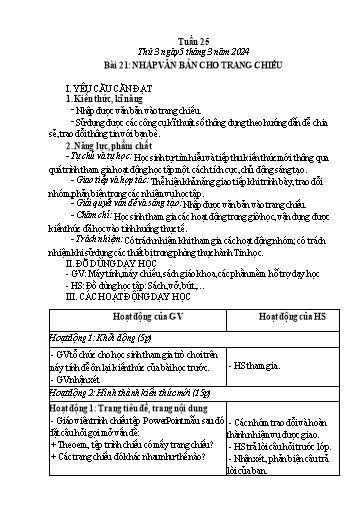 Giáo án Tin học Lớp 3 - Tuần 25, Bài 21: Nhập văn bản cho trang chiếu - Năm học 2023-2024