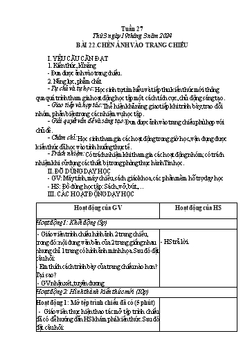 Giáo án Tin học Lớp 3 - Tuần 27, Bài 22: Chèn ảnh vào trang chiếu - Năm học 2023-2024
