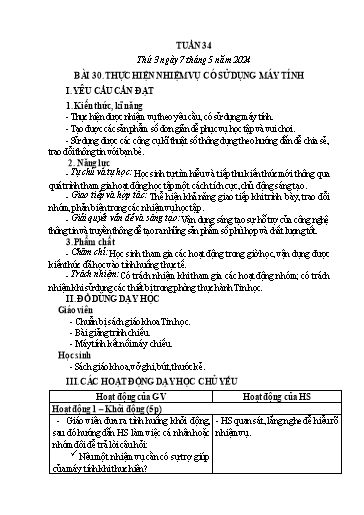 Giáo án Tin học Lớp 3 - Tuần 34, Bài 30: Thực hiện nhiệm vụ có sử dụng máy tính - Năm học 2023-2024