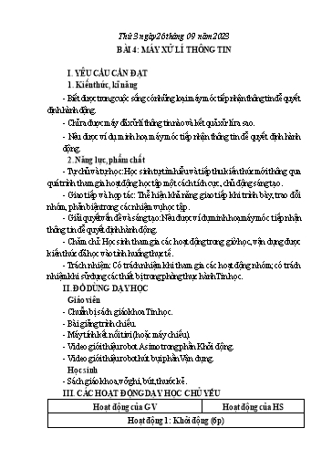 Giáo án Tin học Lớp 3 - Tuần 4, Bài 4: Máy xử lí thông tin - Năm học 2023-2024