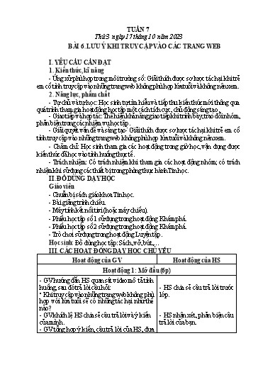 Giáo án Tin học Lớp 3 - Tuần 7, Bài 6: Lưu ý khi truy cập vào các trang web - Năm học 2023-2024