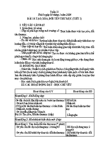 Giáo án Tin học Lớp 4 (Cánh diều) - Tuần 22, Bài 18: Tạo, xóa, đổi tên thư mục (Tiết 2) - Năm học 2023-2024