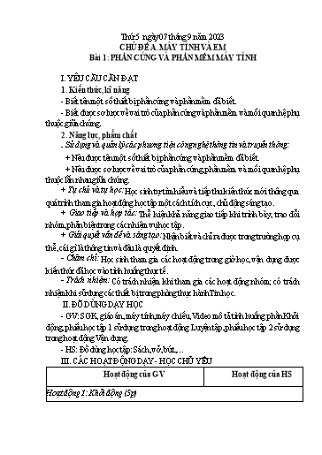 Giáo án Tin học Lớp 4 (Kết nối tri thức) - Tuần 1, Bài 1: Phần cứng và phần mềm máy tính - Năm học 2023-2024