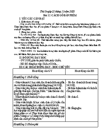 Giáo án Tin học Lớp 4 - Tuần 12, Bài 12: Cách gõ bàn phím - Năm học 2023-2024