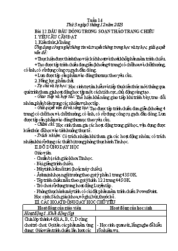 Giáo án Tin học Lớp 4 - Tuần 14, Bài 12: Dấu đầu dòng trong soạn thảo trang chiếu - Năm học 2023-2024