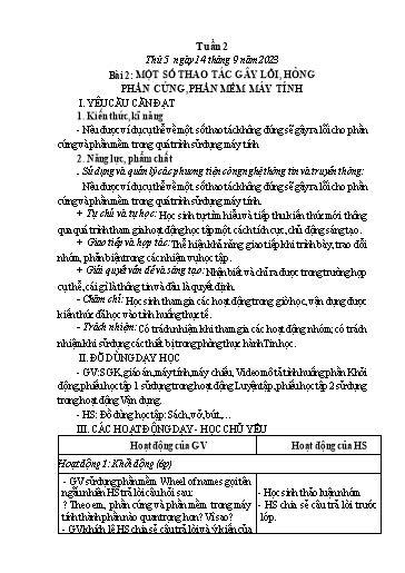 Giáo án Tin học Lớp 4 - Tuần 2, Bài 2: Một số thao tác gây lỗi, hỏng phần cứng, phần mềm máy tính - Năm học 2023-2024