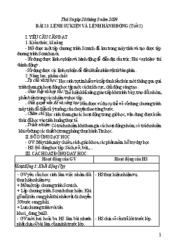 Giáo án Tin học Lớp 4 - Tuần 28, Bài 23: Lệnh sự kiện và lệnh hành động (Tiết 2) - Năm học 2023-2024