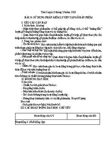 Giáo án Tin học Lớp 4 - Tuần 5, Bài 20: Sử dụng phần mềm luyện tập gõ bàn phím - Năm học 2023-2024