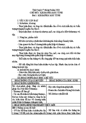 Giáo án Tin học Lớp 5 - Tuần 1, Bài 1: Khám phá máy tính - Năm học 2023-2024