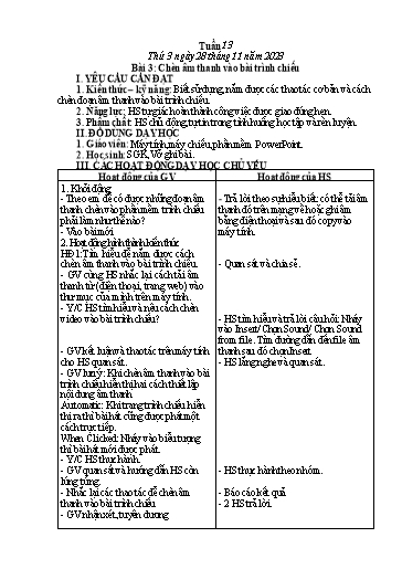Giáo án Tin học Lớp 5 - Tuần 13, Bài 3: Chèn âm thanh vào bài trình chiếu - Năm học 2023-2024