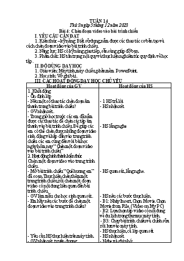 Giáo án Tin học Lớp 5 - Tuần 14, Bài 4: Chèn đoạn video vào bài trình chiếu - Năm học 2023-2024
