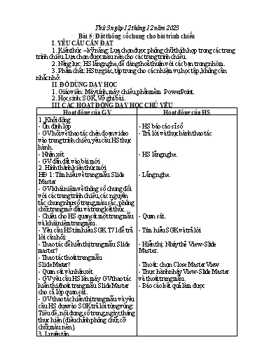 Giáo án Tin học Lớp 5 - Tuần 15, Bài 5: Đặt thông số chung cho bài trình chiếu - Năm học 2023-2024