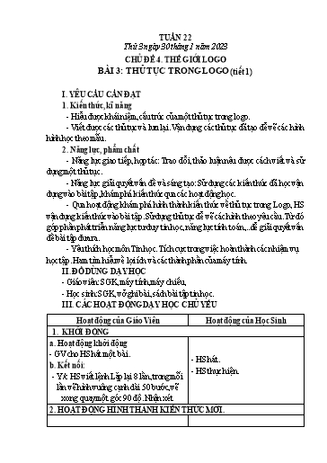 Giáo án Tin học Lớp 5 - Tuần 22, Bài 3: Thủ tục trong logo (Tiết 1) - Năm học 2022-2023