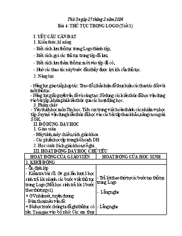 Giáo án Tin học Lớp 5 - Tuần 24, Bài 4: Thủ tục trong logo (Tiết 1) - Năm học 2023-2024