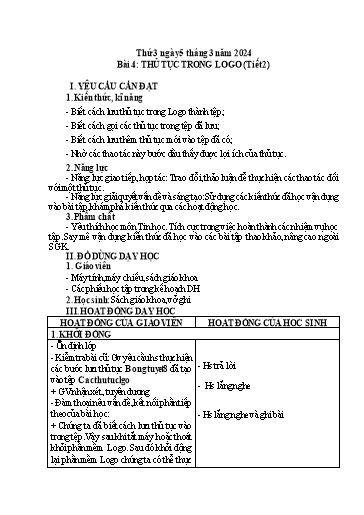 Giáo án Tin học Lớp 5 - Tuần 25, Bài 4: Thủ tực trong logo (Tiết 2) - Năm học 2023-2024