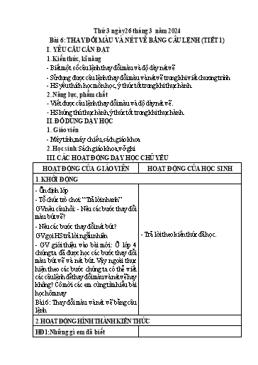 Giáo án Tin học Lớp 5 - Tuần 28, Bài 6: Thay đổi màu và nét vẽ bằng câu lệnh (Tiết 1) - Năm học 2023-2024