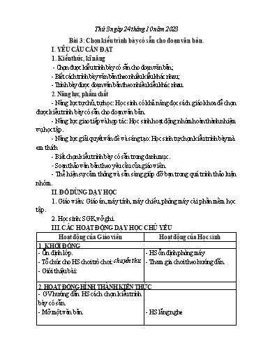 Giáo án Tin học Lớp 5 - Tuần 8, Bài 3: Chọn kiểu trình bày có sẵn cho đoạn văn bản - Năm học 2023-2024