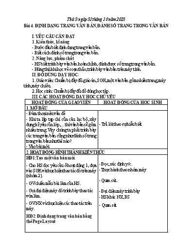 Giáo án Tin học Lớp 5 - Tuần 9, Bài 4: Định dạng trang văn bản, đánh số trang trong văn bản - Năm học 2023-2024