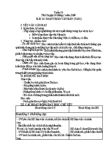 Giáo án Tin học Lớp 6 - Tuần 20, Bài 16: Soạn thảo văn bản (Tiết 1) - Năm học 2023-2024