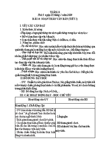 Giáo án Tin học Lớp 6 - Tuần 21, Bài 16: Soạn thảo văn bản (Tiết 2) - Năm học 2023-2024