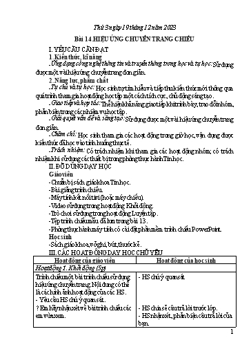 Giáo án Tin học Lớp 7 (Cánh diều) - Bài 14: Hiệu ứng chuyển trang chiếu - Năm học 2023-2024