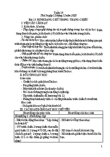 Giáo án Tin học Lớp 7 (Cánh diều) - Tuần 15, Bài 13: Định dạng chữ trong trang chiếu - Năm học 2023-2024