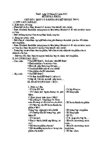 Kế hoạch bài dạy Mĩ thuật Tiểu học - Tuần 16 - Năm học 2023-2024